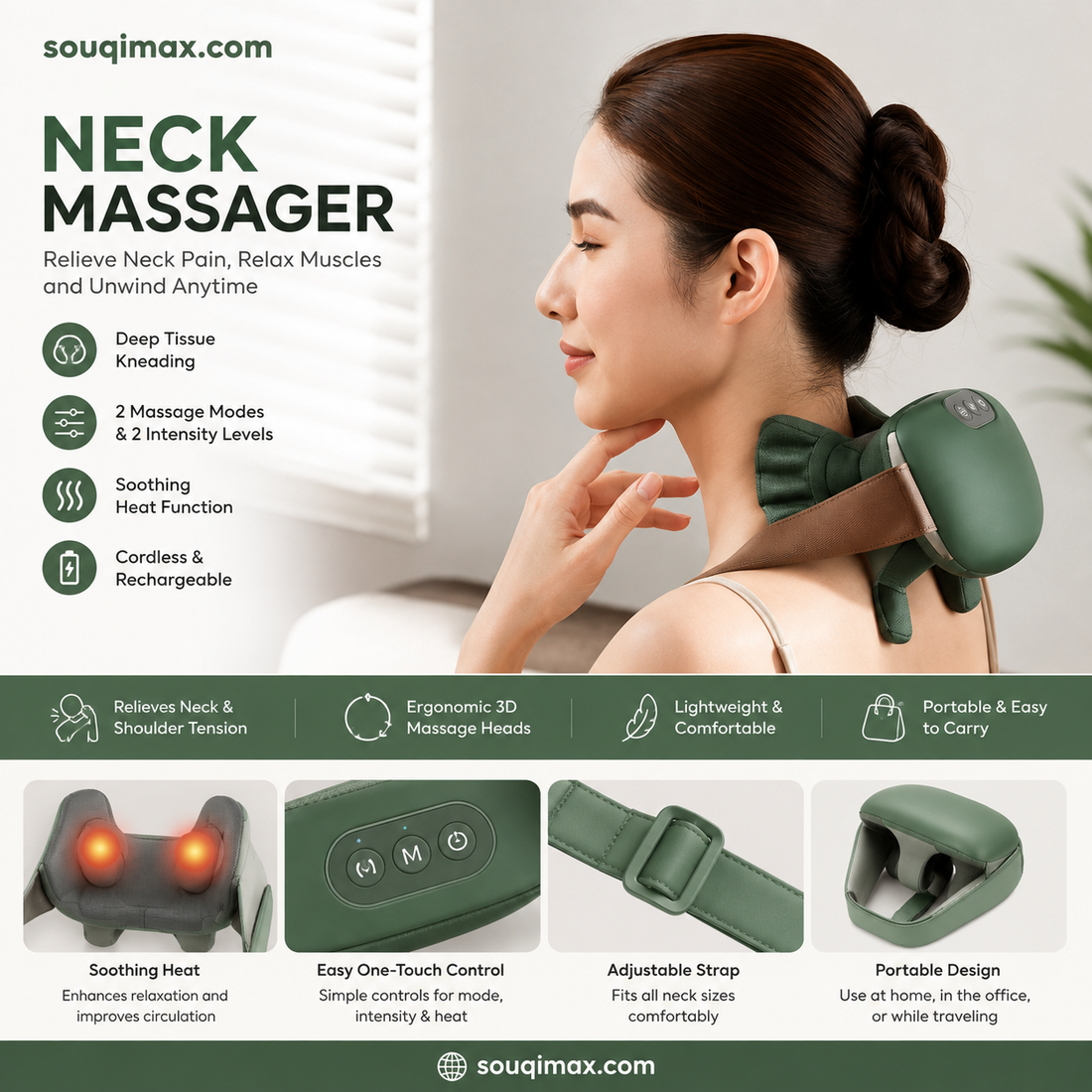 Souqimax™ 3D Deep-Tissue Dual-Palm Portable Neck & Shoulder Massager with Heat