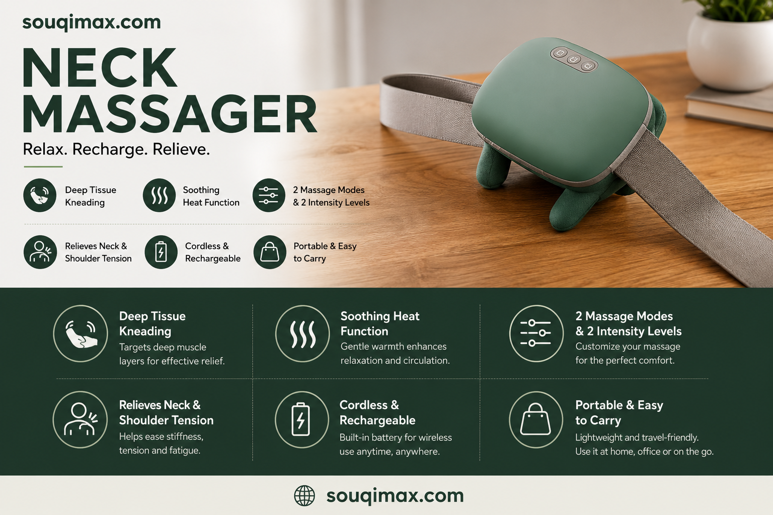 Souqimax™ 3D Deep-Tissue Dual-Palm Portable Neck & Shoulder Massager with Heat