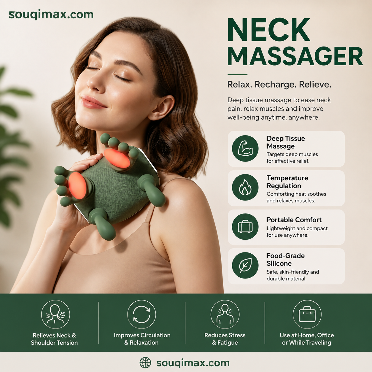 Souqimax™ 3D Deep-Tissue Dual-Palm Portable Neck & Shoulder Massager with Heat